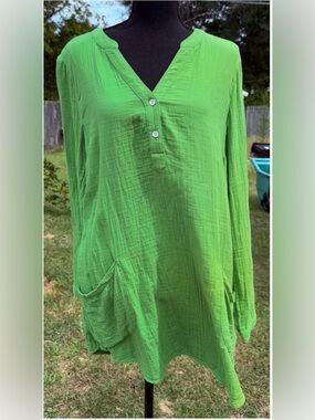 Soft Surroundings - Santorini Gauze Tunic - Size Medium - Lime Green - Pockets